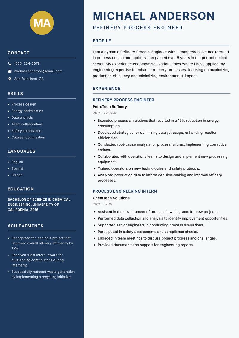 Refinery Process Engineer resume template — Classic Clean