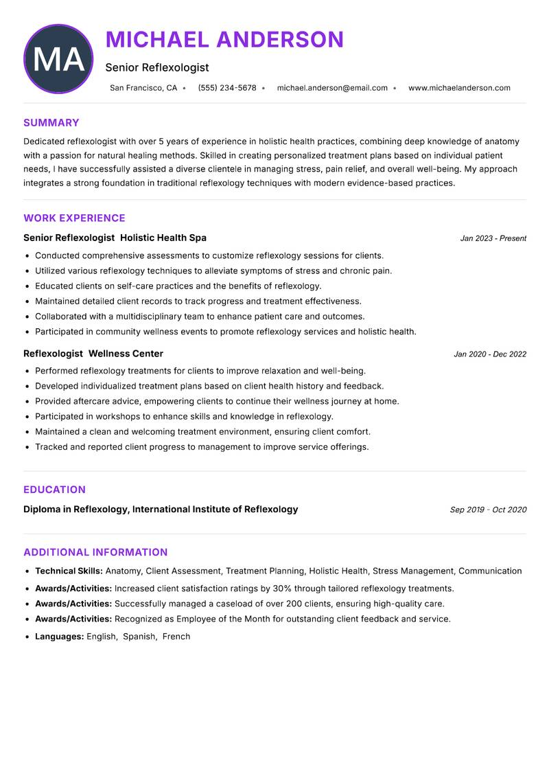 Reflexologist resume example — ATS-friendly template