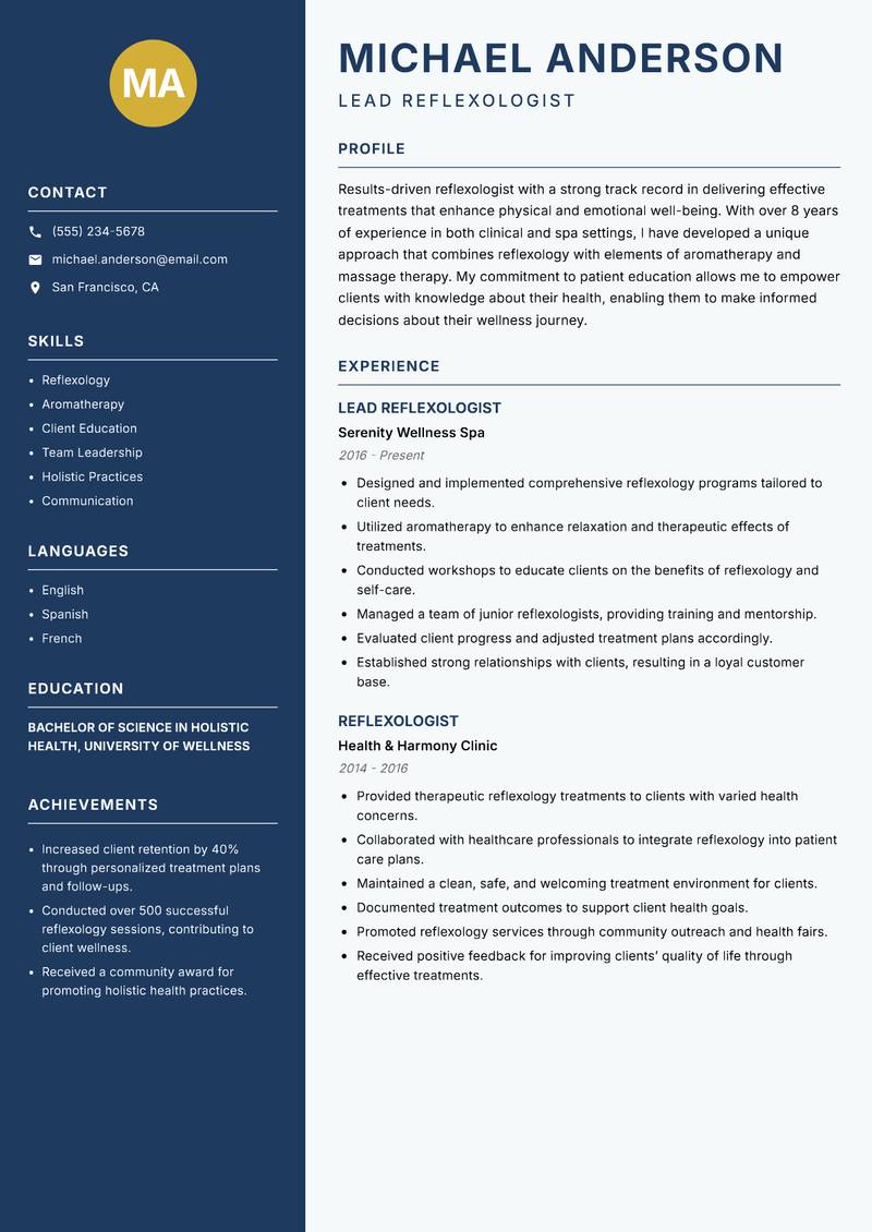 Reflexologist resume template — Classic Clean