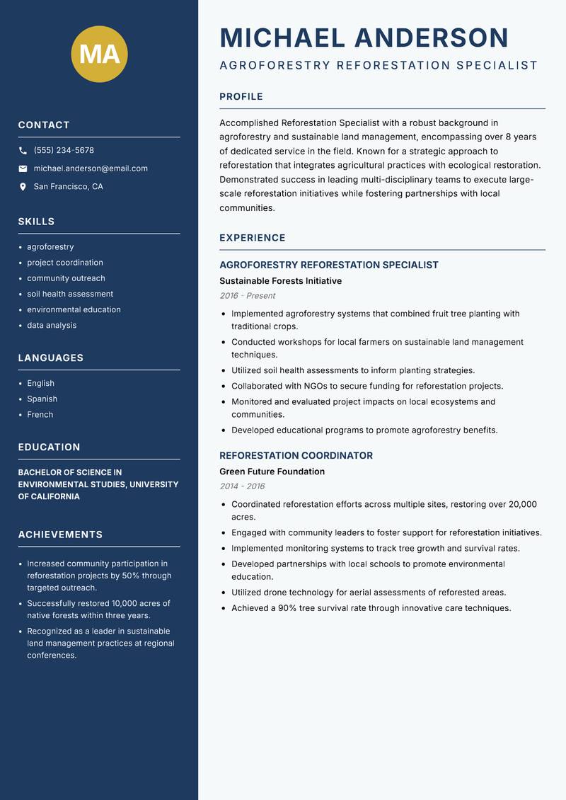 Reforestation Specialist resume template — Classic Clean