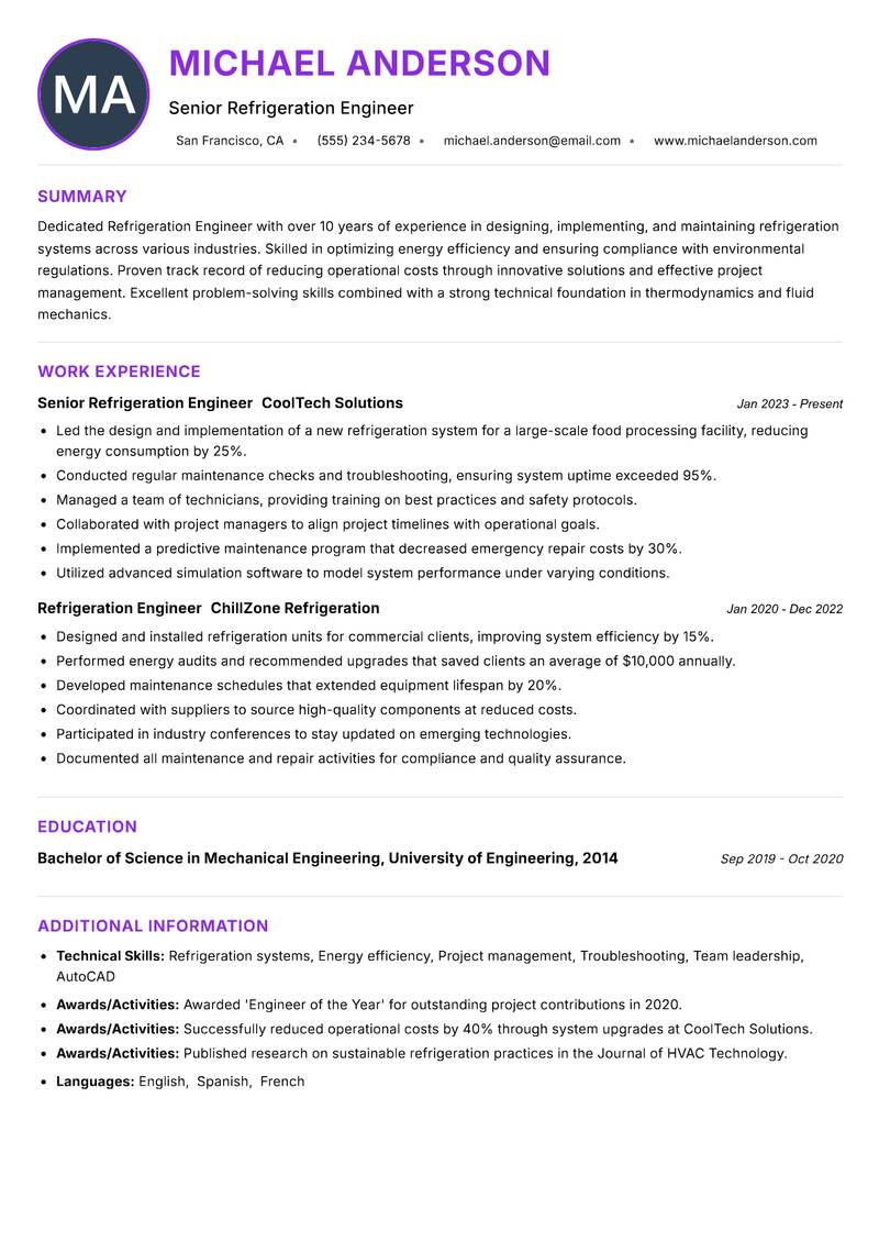 Refrigeration Engineer resume example — ATS-friendly template