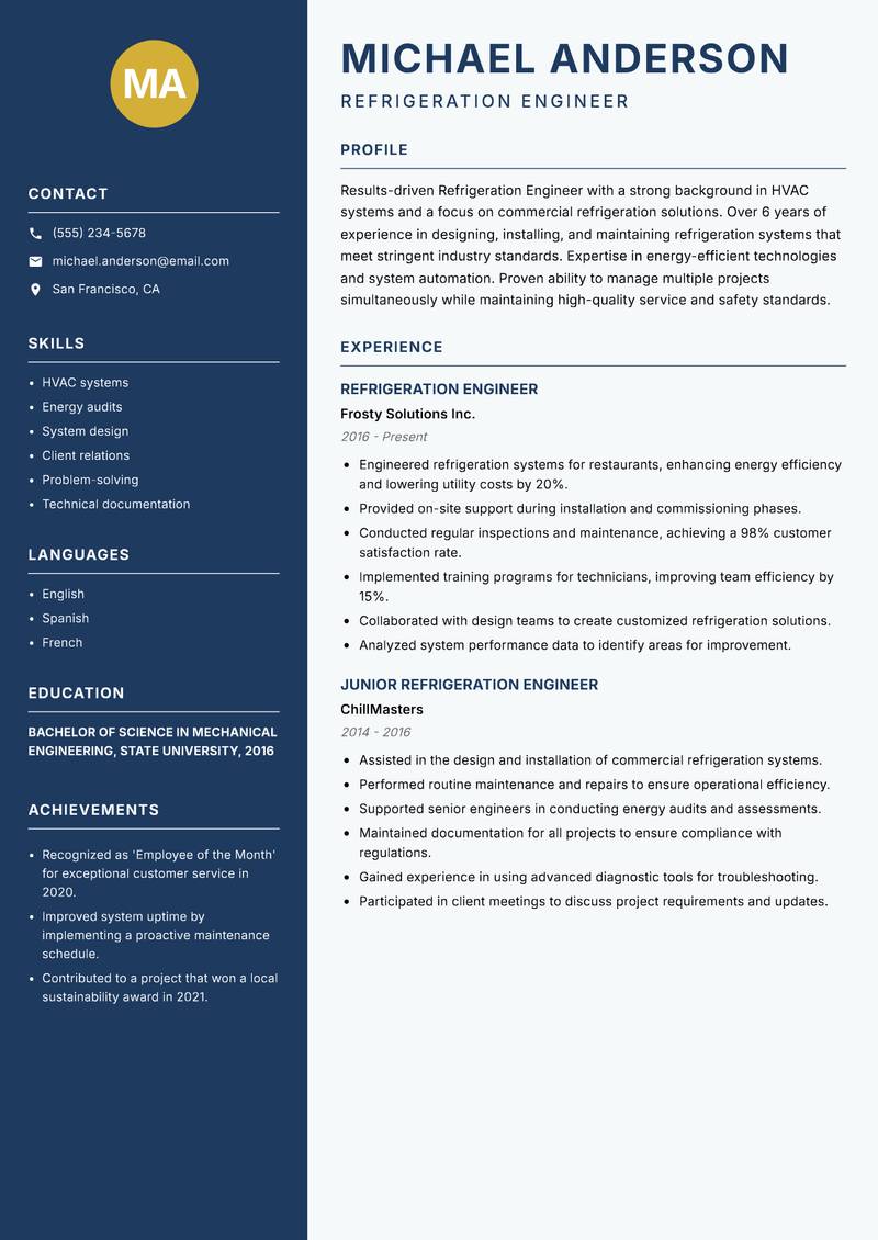 Refrigeration Engineer resume template — Classic Clean