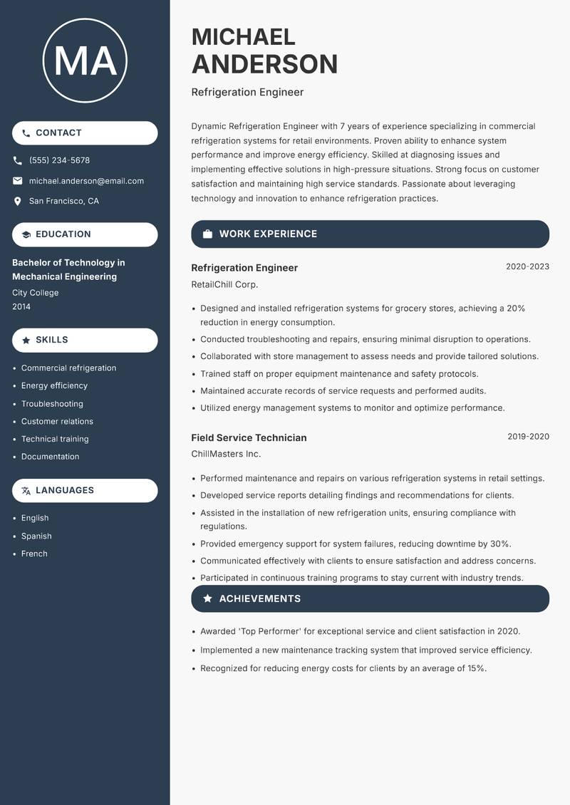 Refrigeration Engineer resume template — Compact