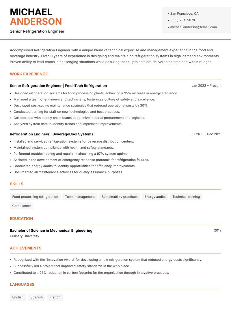Refrigeration Engineer resume template — Modern Professional
