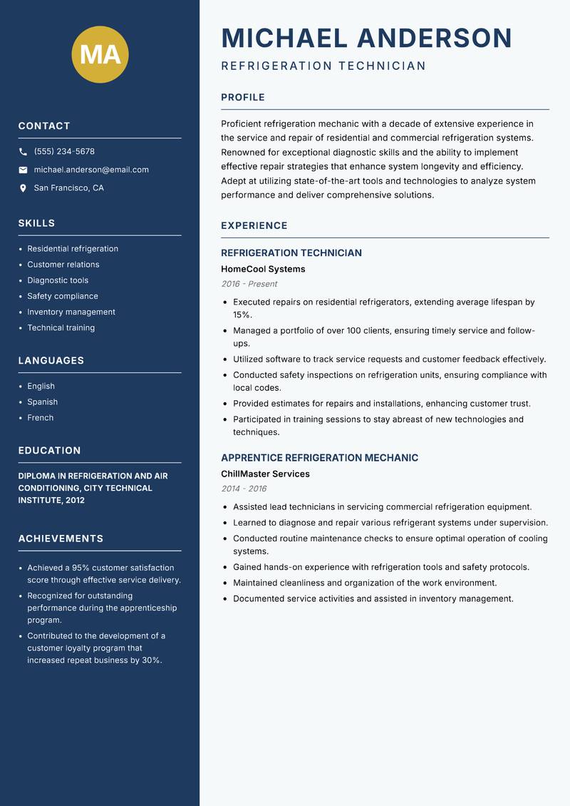 Refrigeration Mechanic resume template — Classic Clean