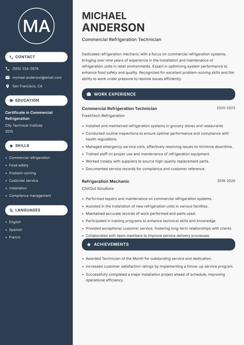 Refrigeration Mechanic resume template — Compact