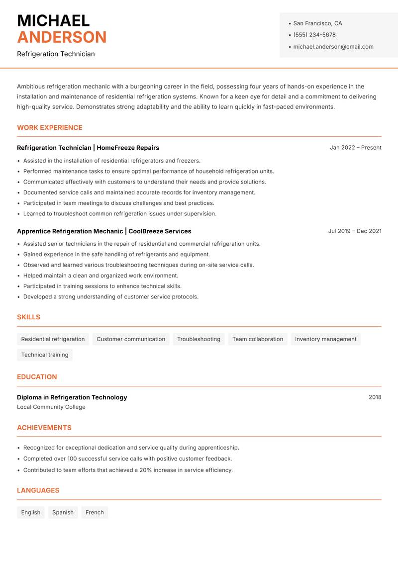 Refrigeration Mechanic resume template — Modern Professional
