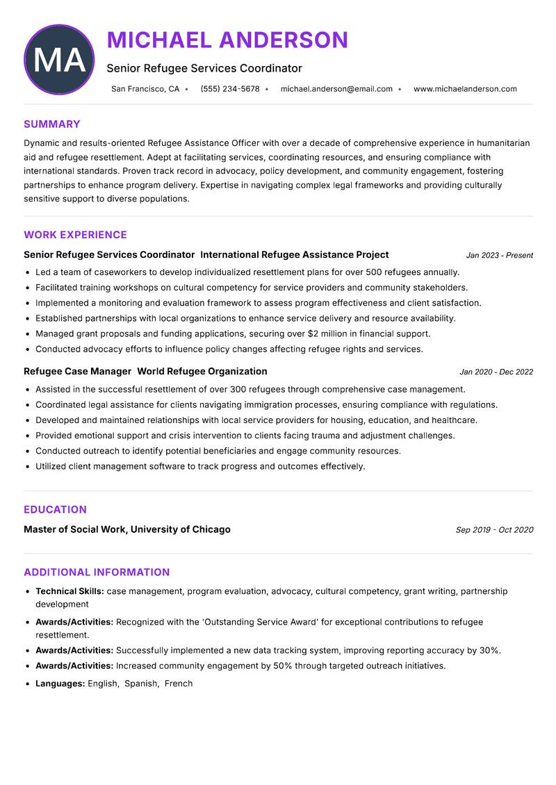 Refugee Assistance Officer resume example — ATS-friendly template