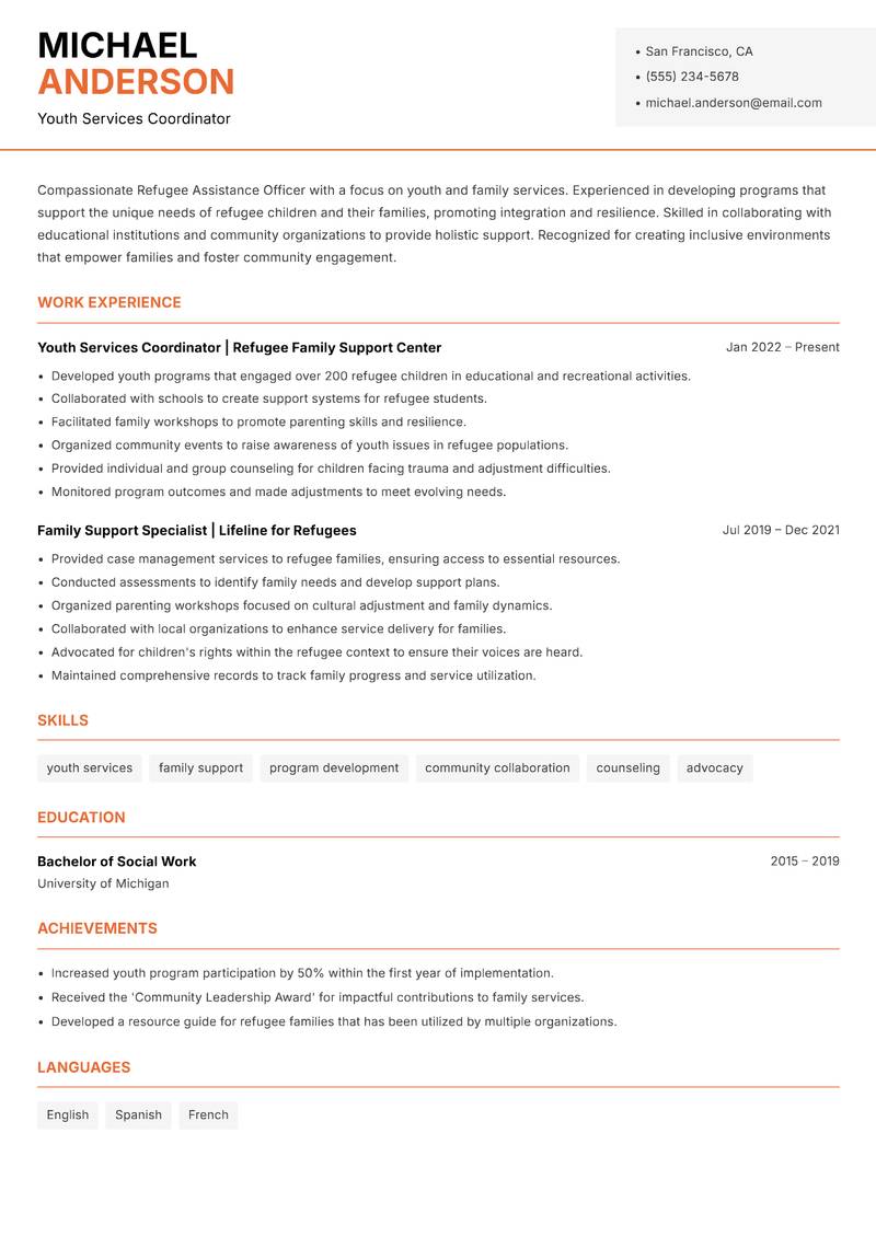 Refugee Assistance Officer resume template — Modern Professional