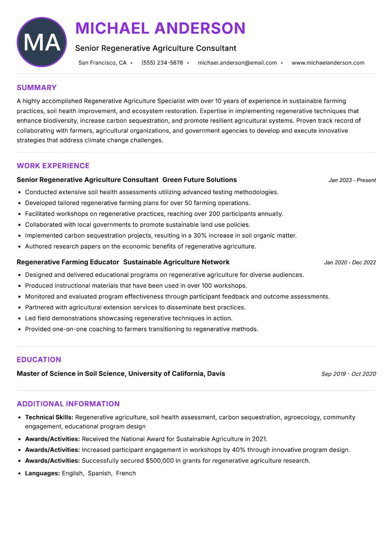Regenerative Agriculture Specialist resume example — ATS-friendly template