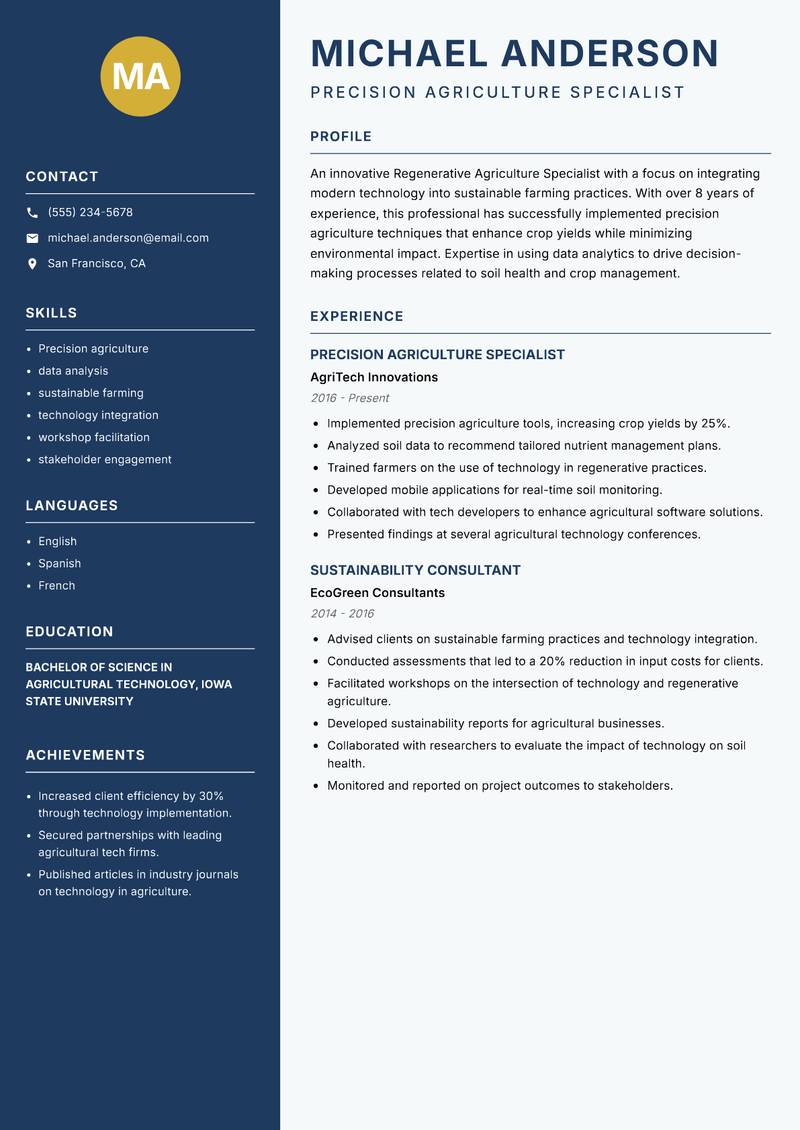 Regenerative Agriculture Specialist resume template — Classic Clean