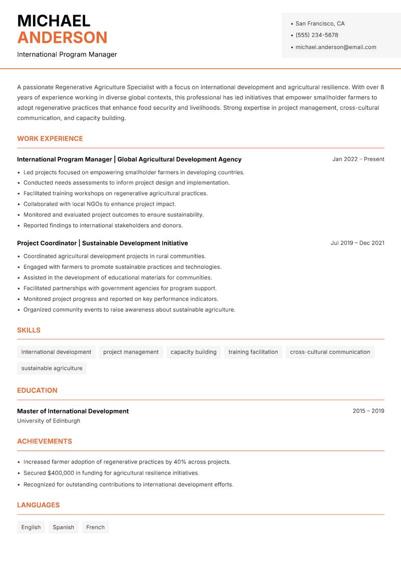 Regenerative Agriculture Specialist resume template — Modern Professional