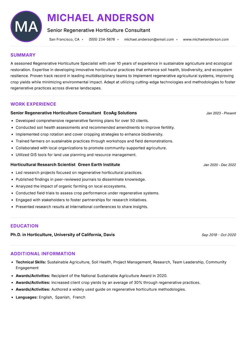 Regenerative Horticulture Specialist resume example — ATS-friendly template