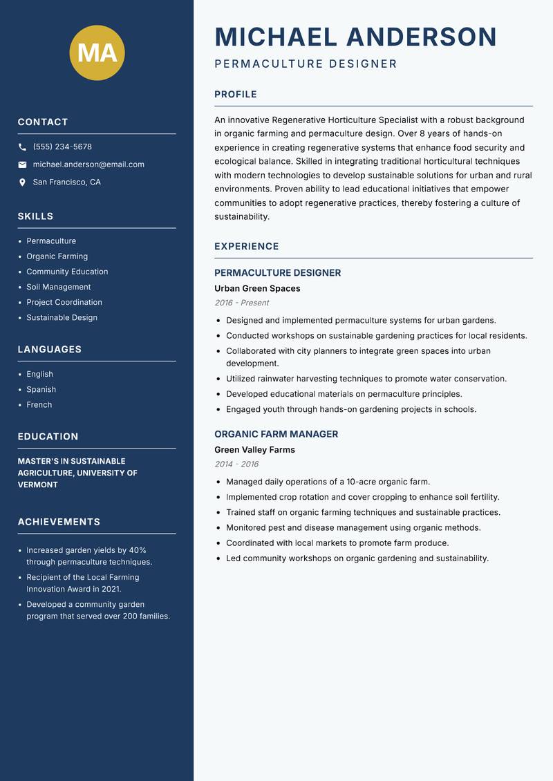 Regenerative Horticulture Specialist resume template — Classic Clean