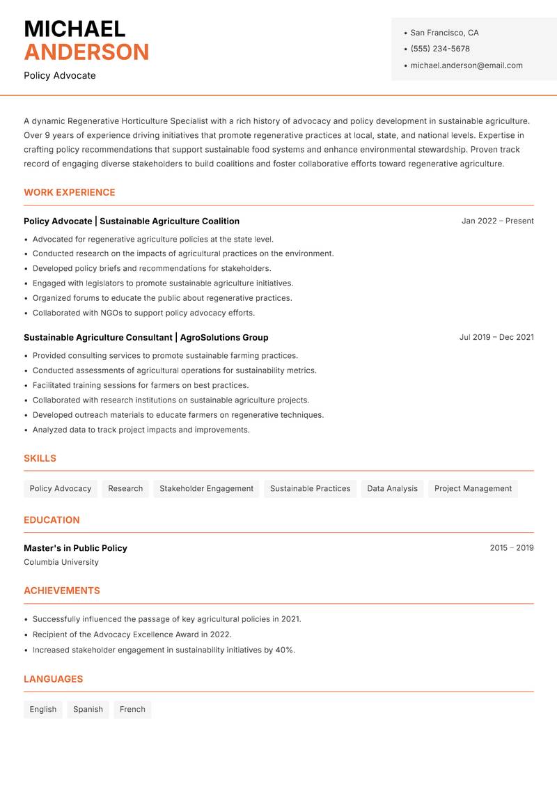 Regenerative Horticulture Specialist resume template — Modern Professional