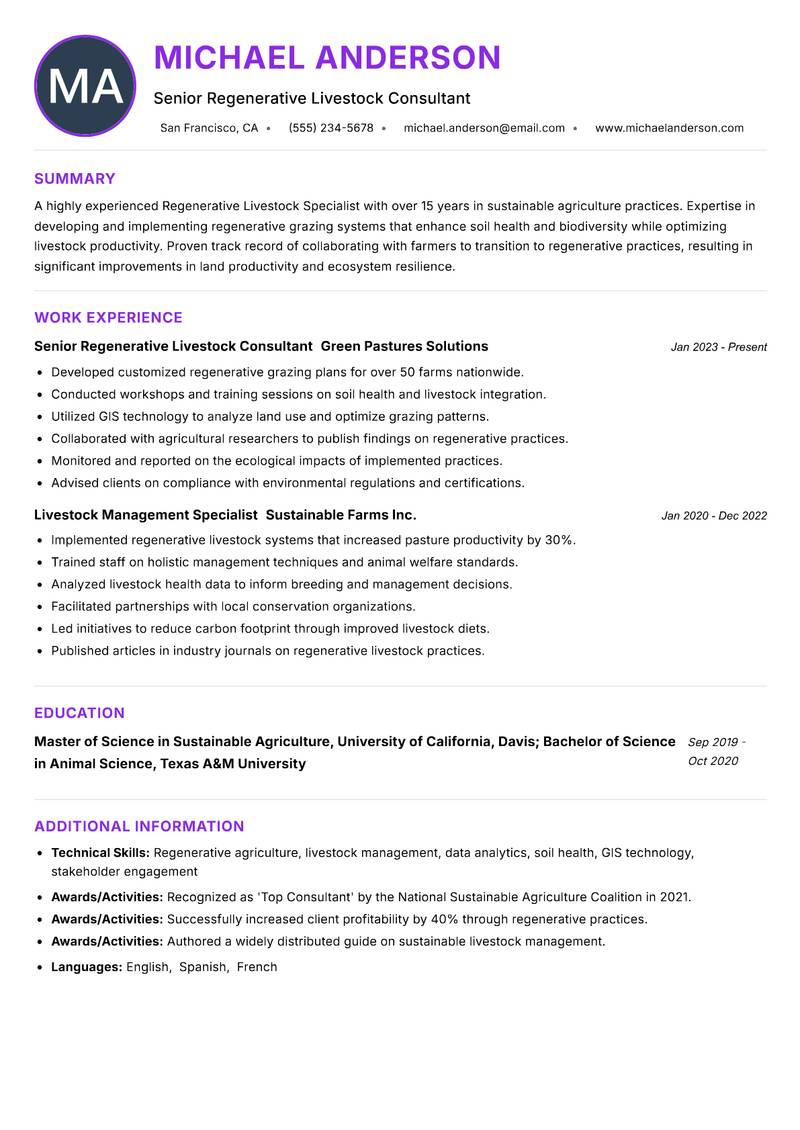 Regenerative Livestock Specialist resume example — ATS-friendly template