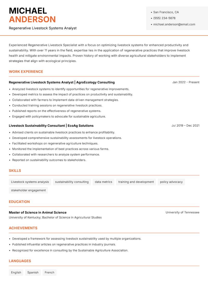 Regenerative Livestock Specialist resume template — Modern Professional