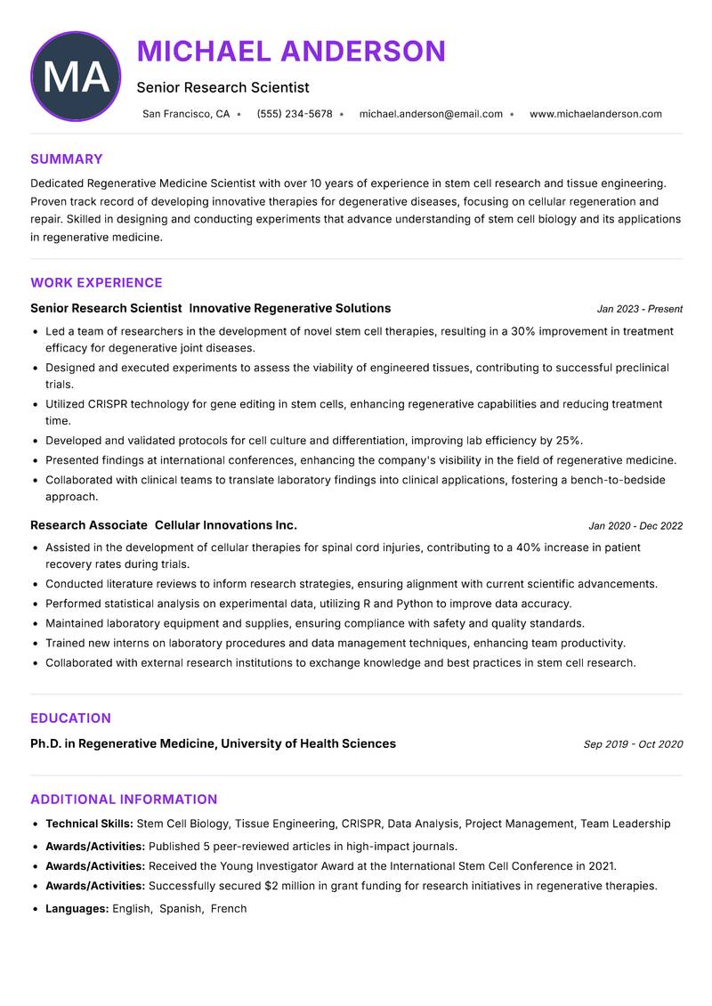 Regenerative Medicine Scientist resume example — ATS-friendly template