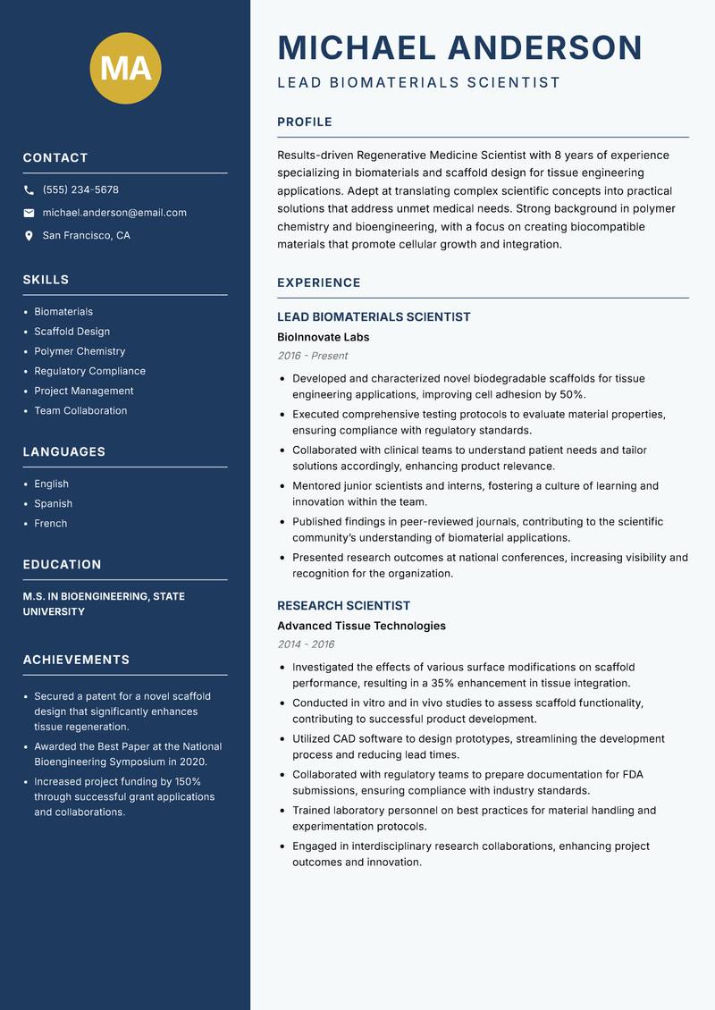 Regenerative Medicine Scientist resume template — Classic Clean