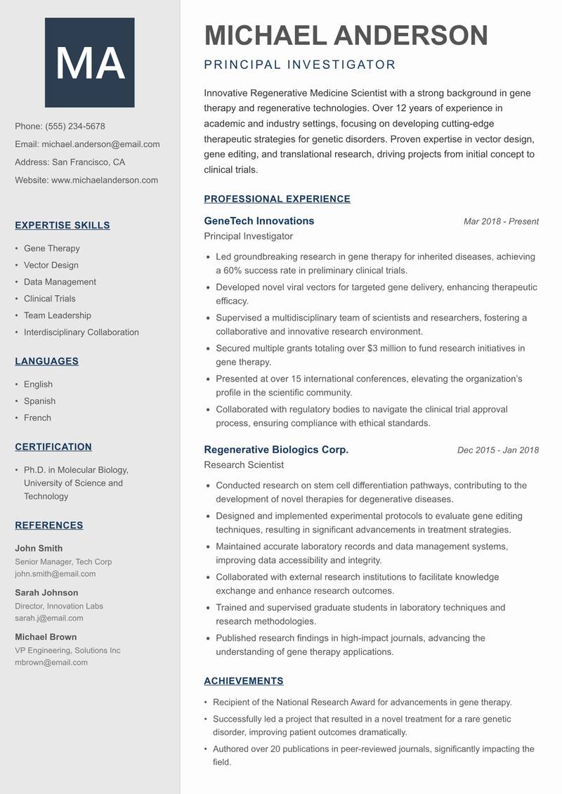 Regenerative Medicine Scientist resume template — Creative Minimal