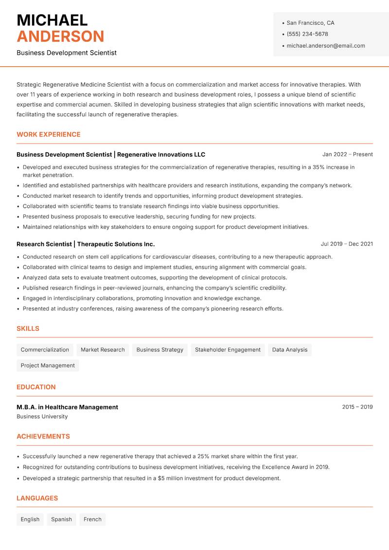 Regenerative Medicine Scientist resume template — Modern Professional