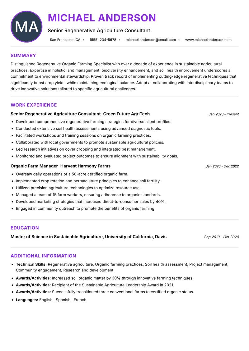 Regenerative Organic Farming Specialist resume example — ATS-friendly template