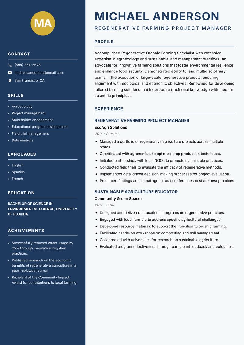 Regenerative Organic Farming Specialist resume template — Classic Clean