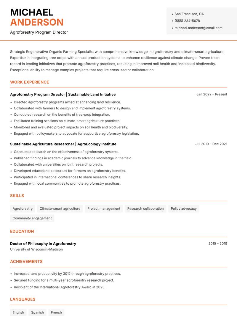 Regenerative Organic Farming Specialist resume template — Modern Professional
