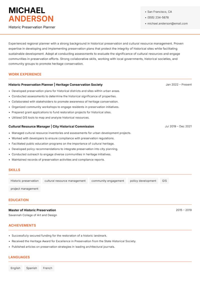 Regional Planner resume template — Modern Professional