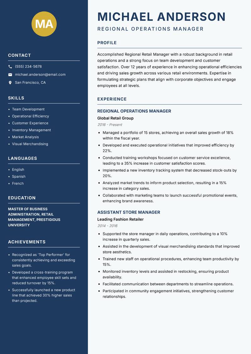 Regional Retail Manager resume template — Classic Clean