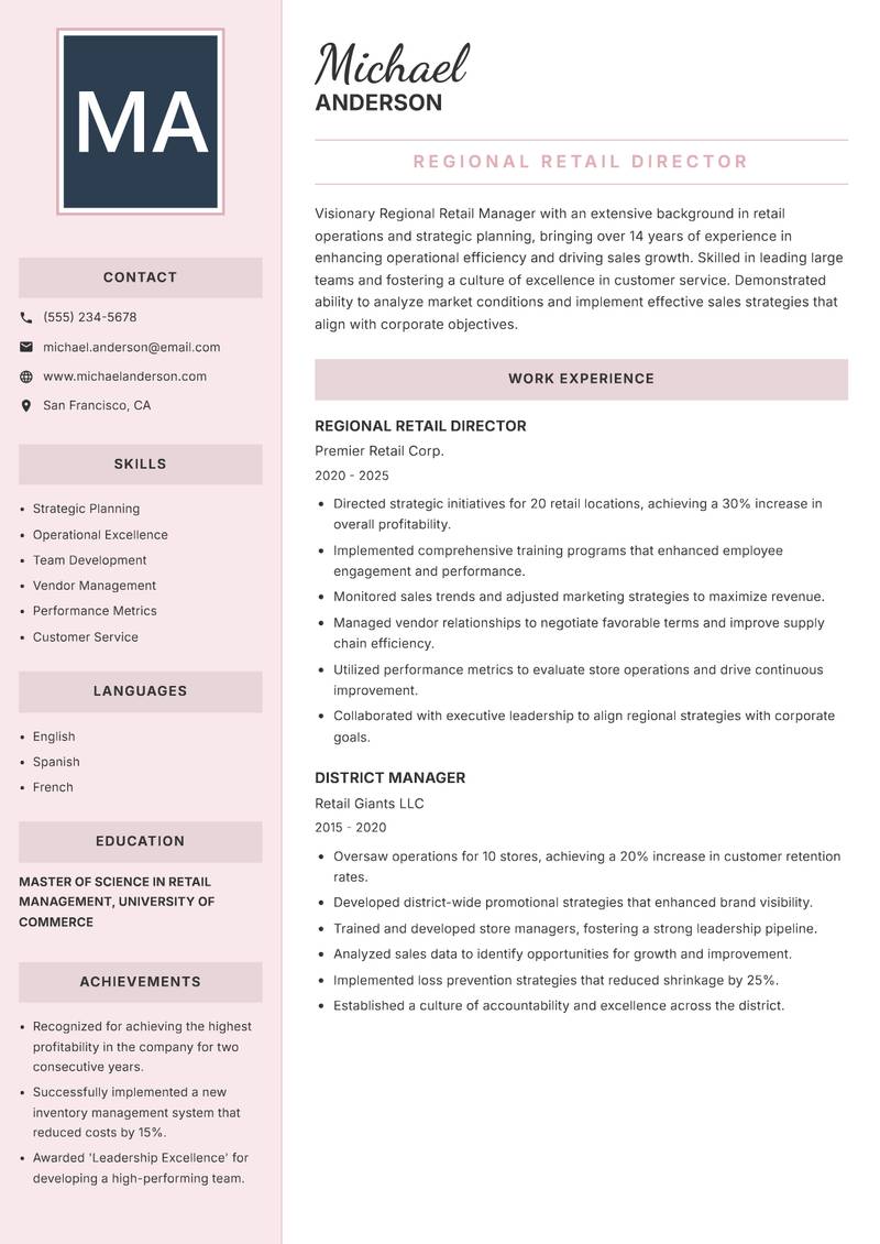 Regional Retail Manager resume template — Executive