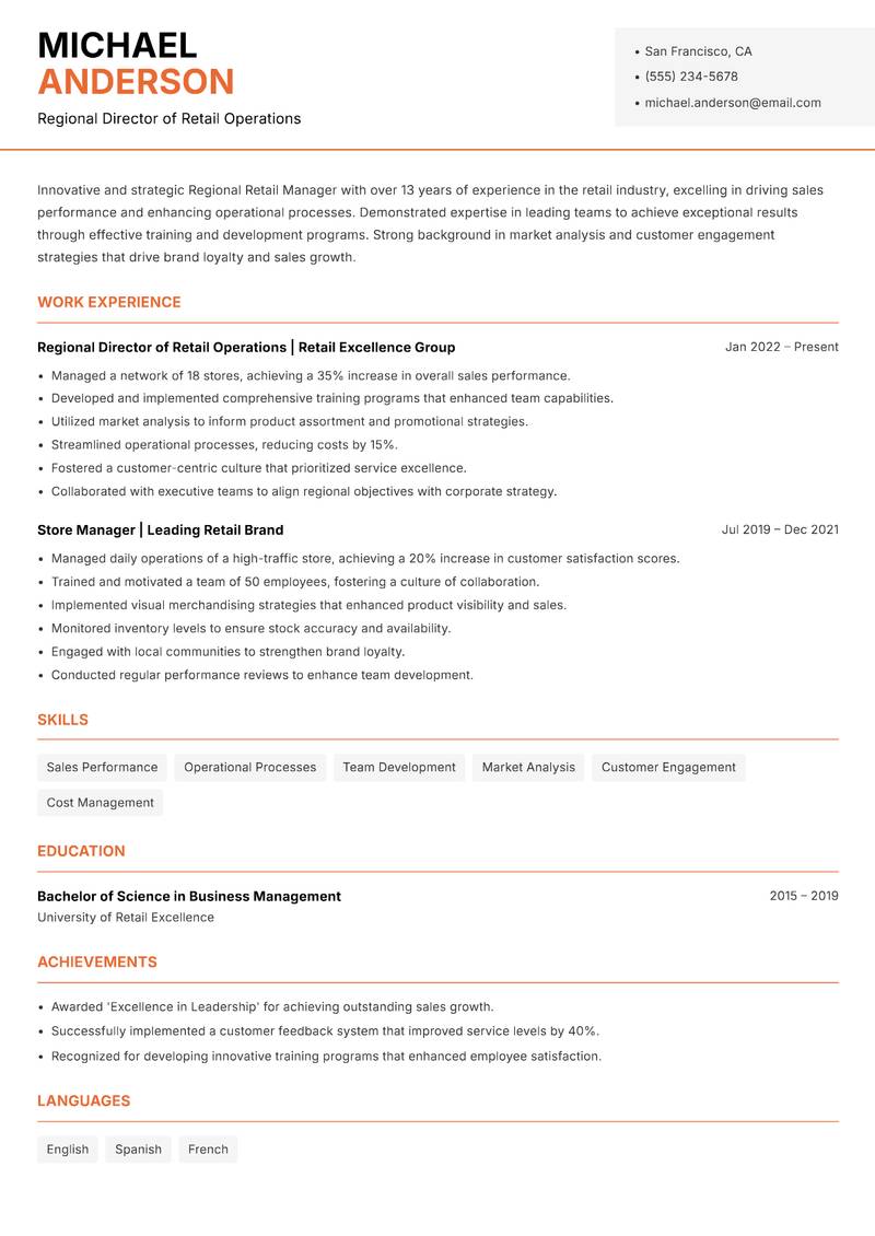 Regional Retail Manager resume template — Modern Professional