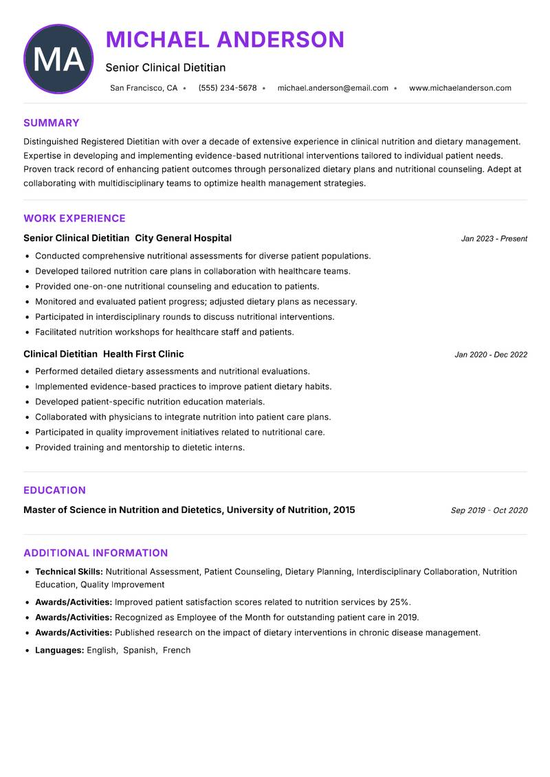 Registered Dietitian resume example — ATS-friendly template