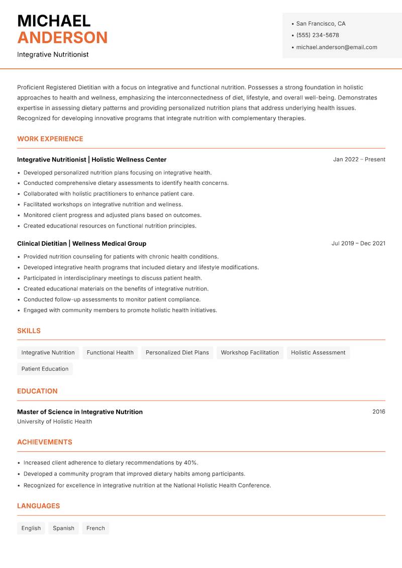 Registered Dietitian resume template — Modern Professional
