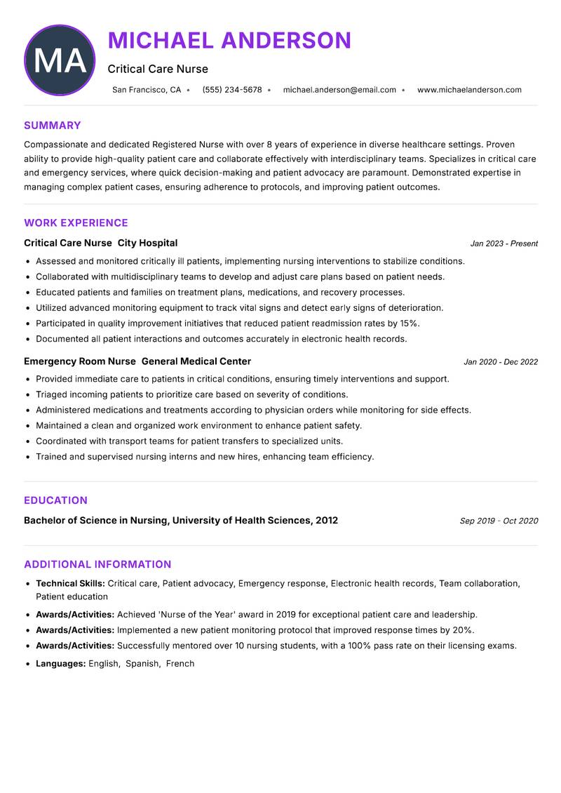 Registered Nurse resume example — ATS-friendly template