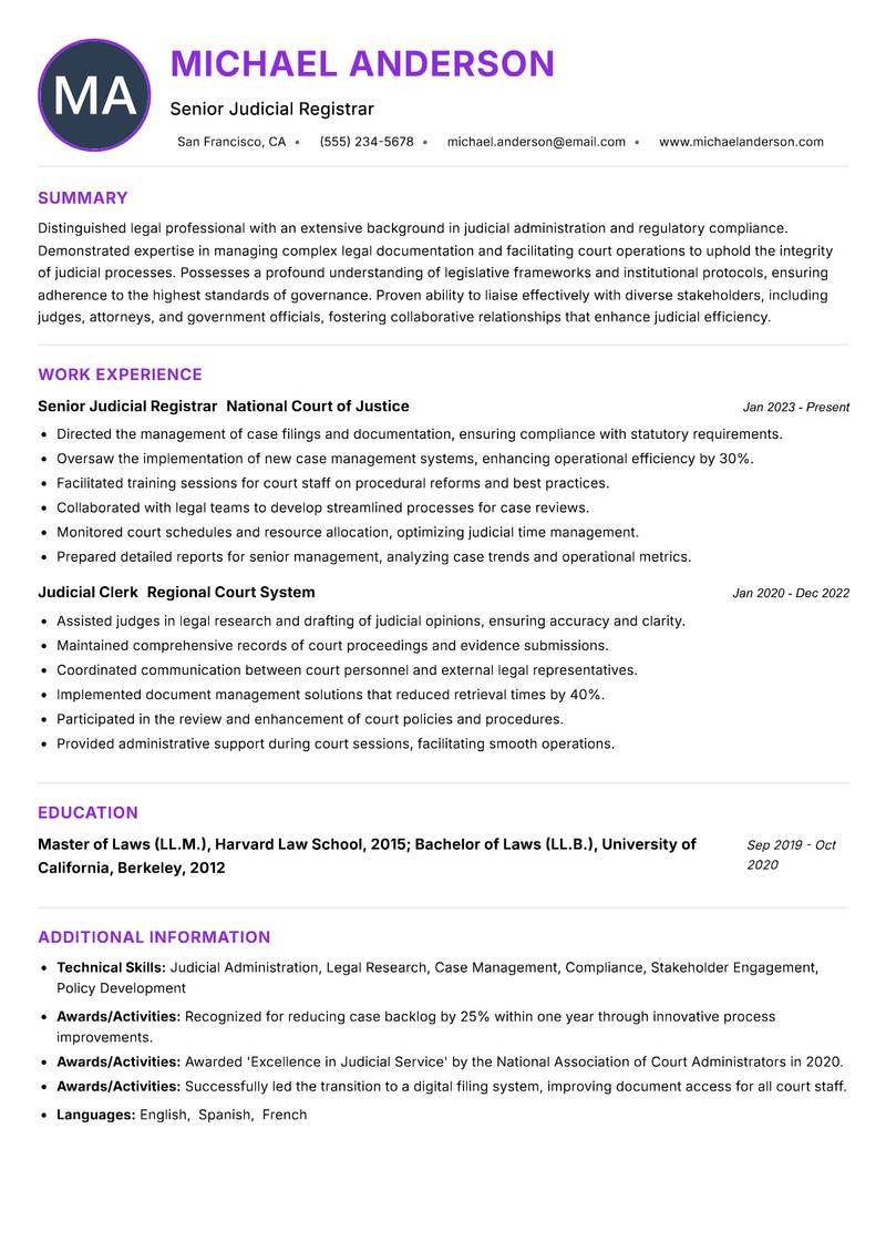 Registrar Judicial resume example — ATS-friendly template