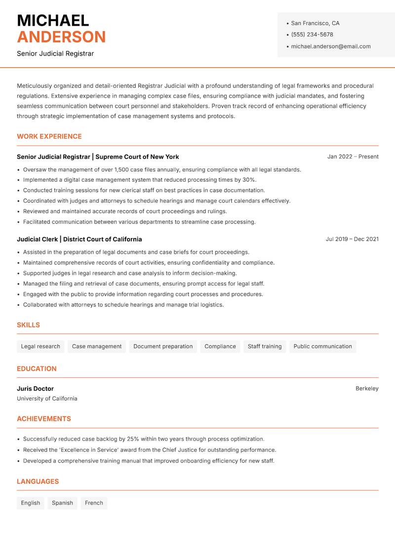 Registrar Judicial resume template — Modern Professional