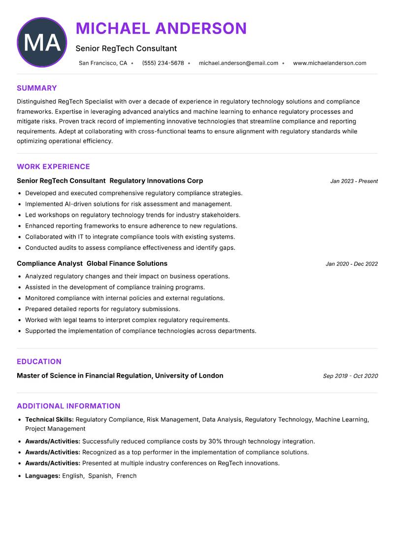 RegTech Specialist resume example — ATS-friendly template