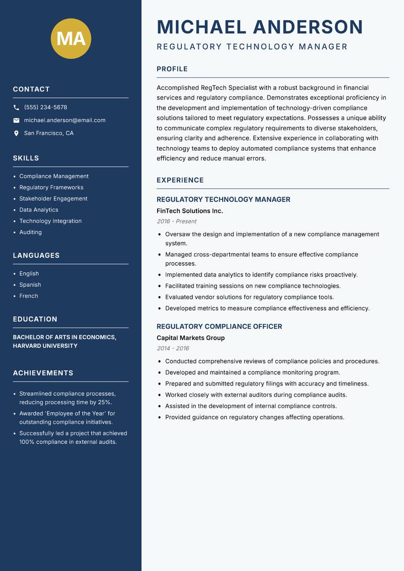 RegTech Specialist resume template — Classic Clean