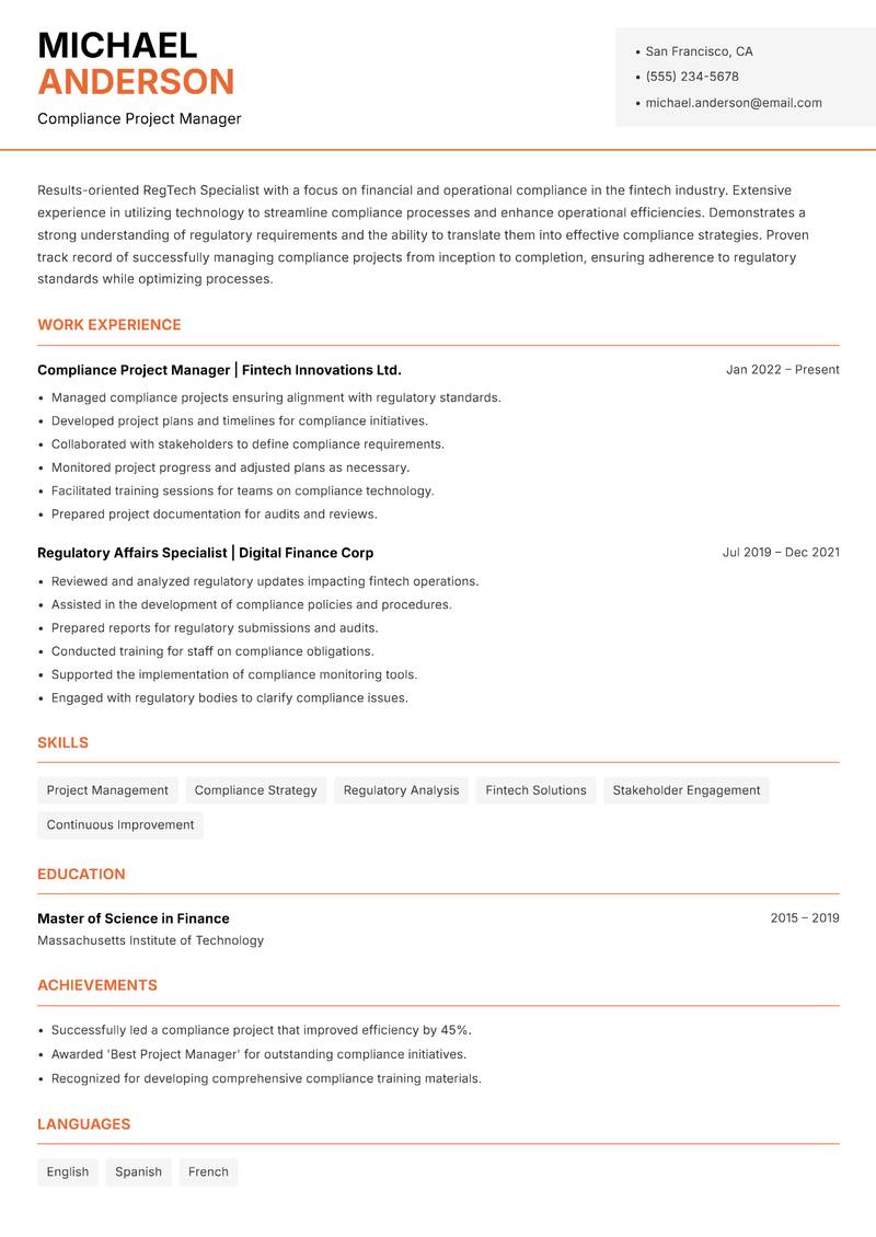 RegTech Specialist resume template — Modern Professional