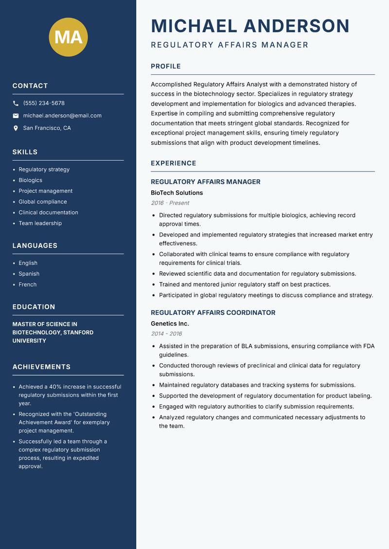 Regulatory Affairs Analyst resume template — Classic Clean