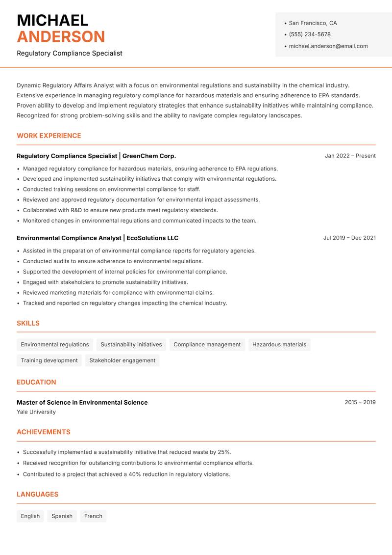Regulatory Affairs Analyst resume template — Modern Professional