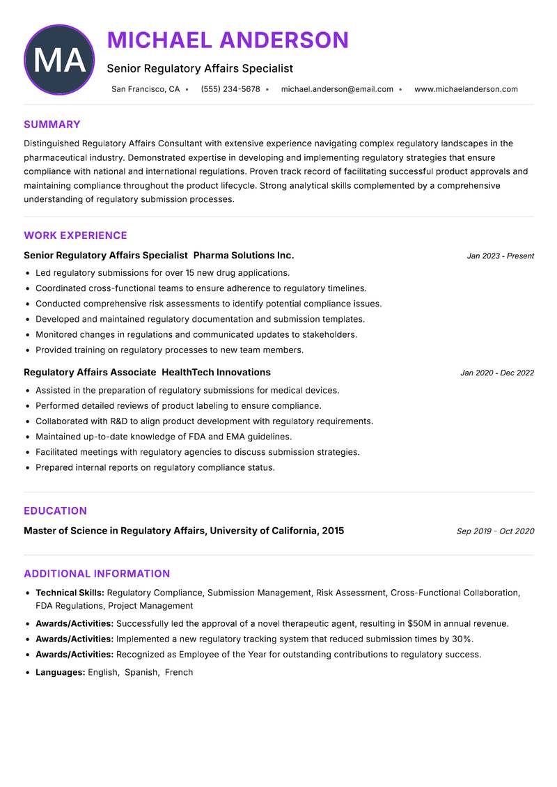 Regulatory Affairs Consultant resume example — ATS-friendly template
