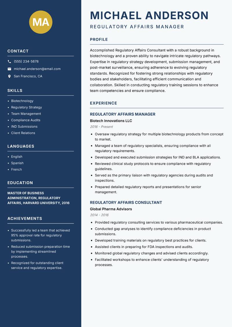 Regulatory Affairs Consultant resume template — Classic Clean