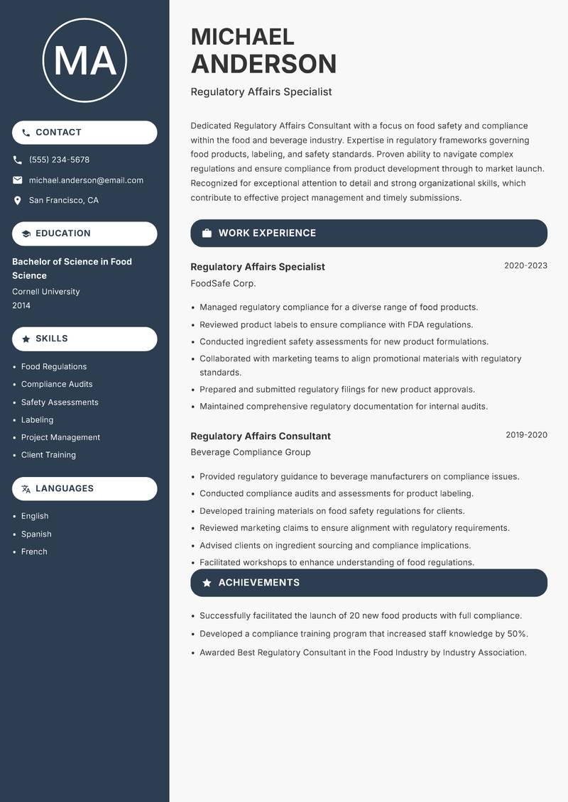 Regulatory Affairs Consultant resume template — Compact