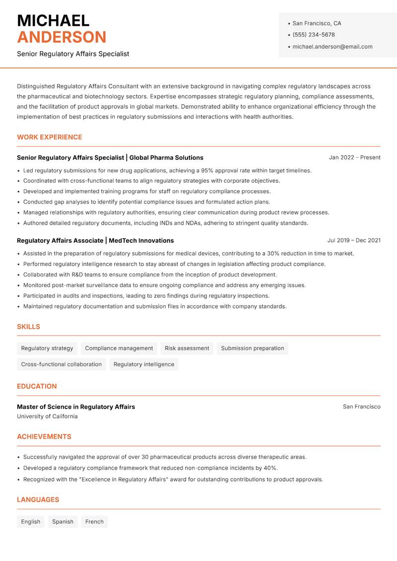 Regulatory Affairs Consultant resume template — Modern Professional