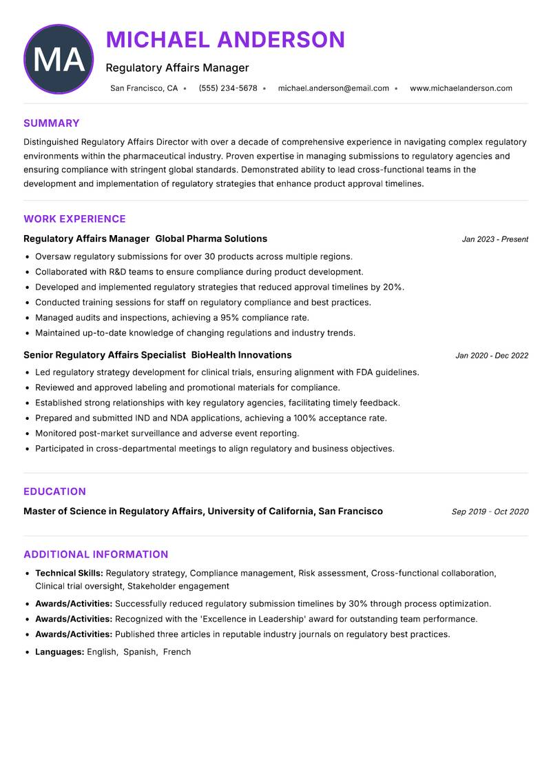 Regulatory Affairs Director resume example — ATS-friendly template