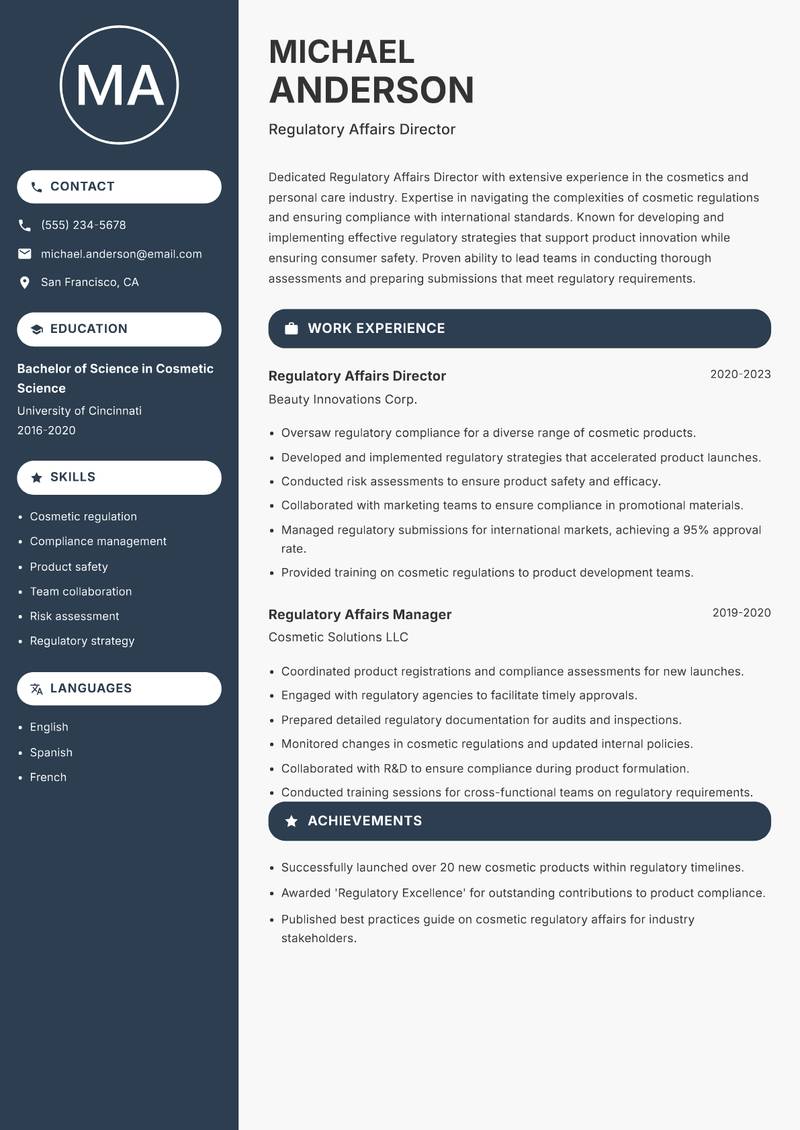 Regulatory Affairs Director resume template — Compact