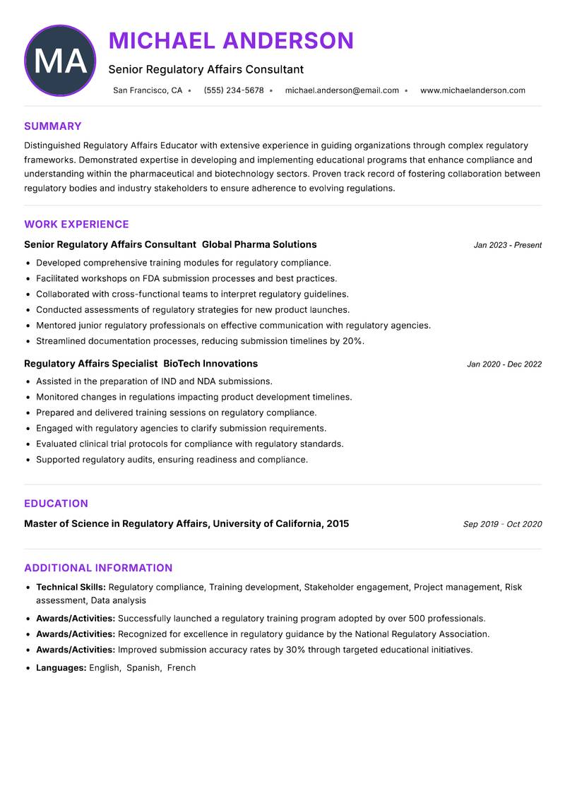 Regulatory Affairs Educator resume example — ATS-friendly template