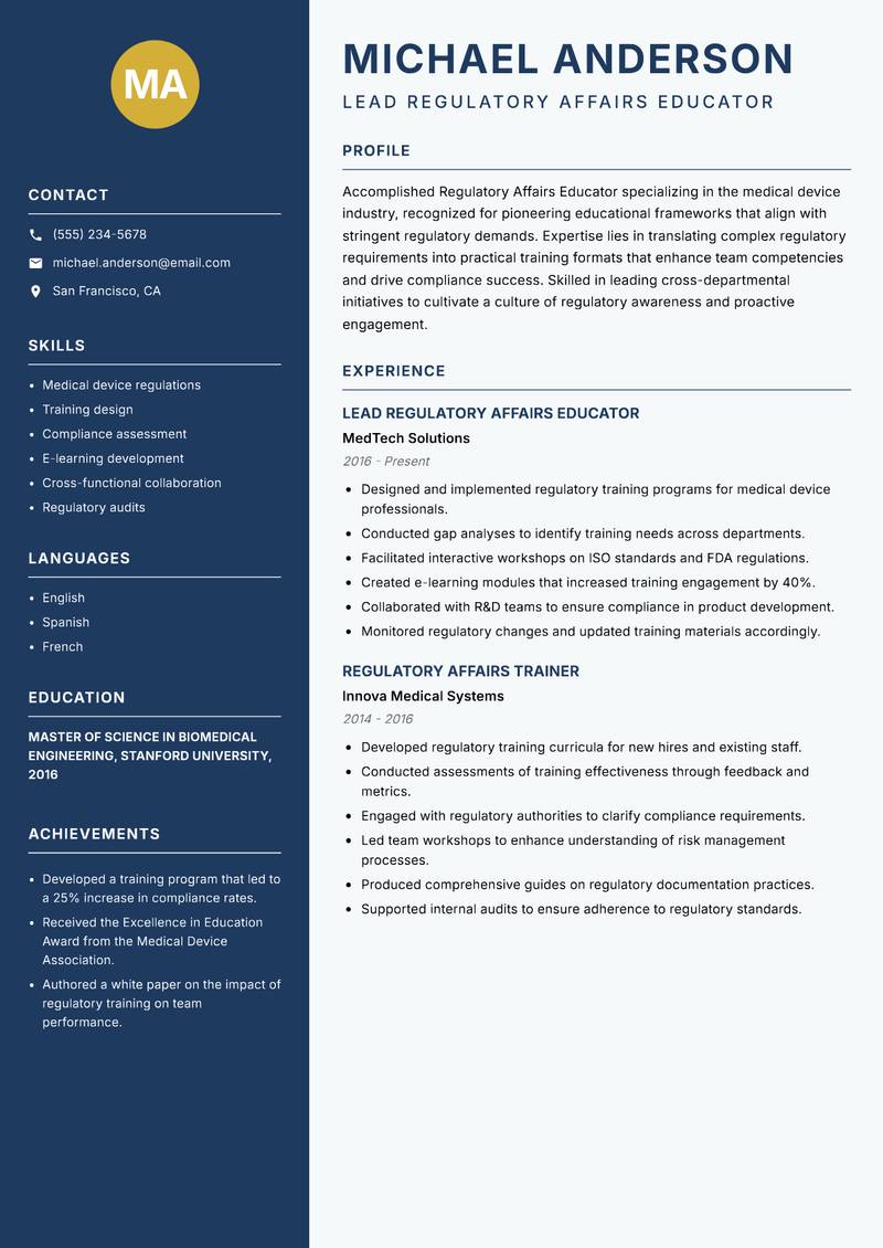 Regulatory Affairs Educator resume template — Classic Clean